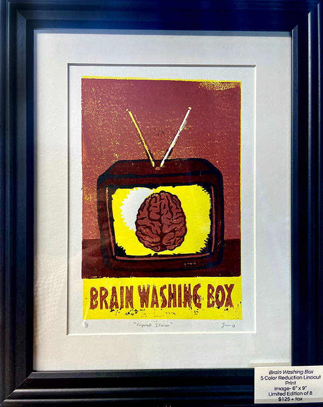 Original color woodcut print of a "Brain Washing Box" graphic