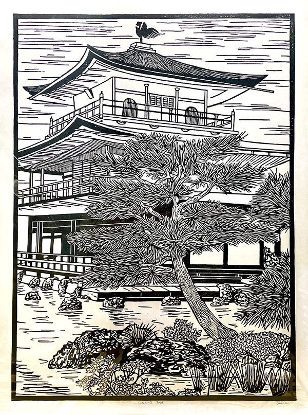 Original pulled print of a pagoda