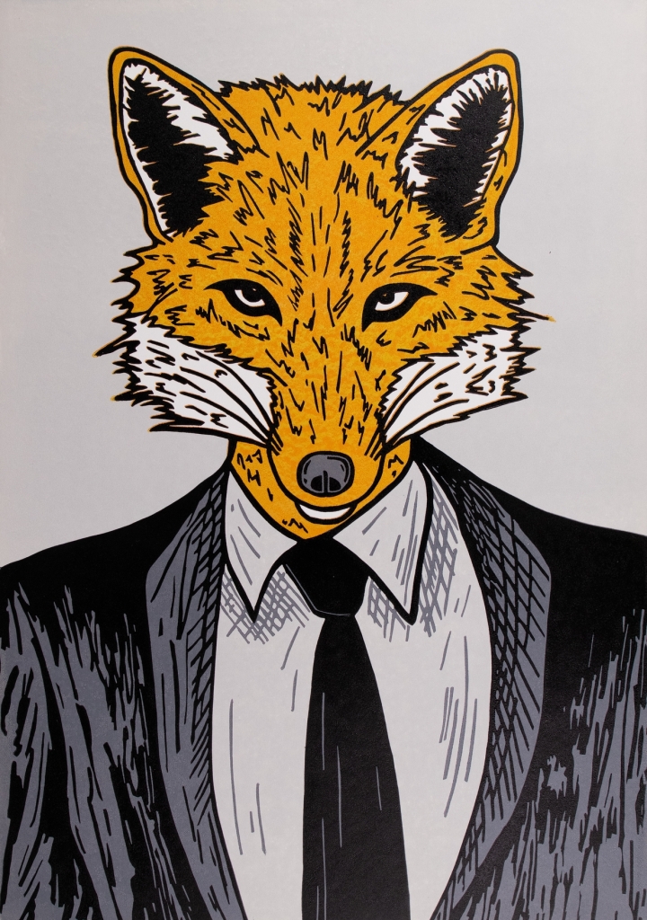 Original colored woodcut print called "Cut Throat" a graphic of a stern fox in a suit and tie